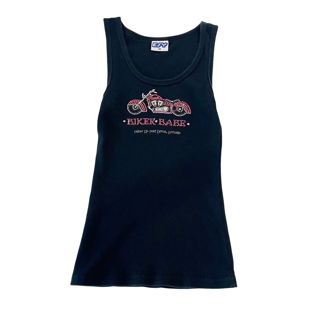 Y2K McBling Biker Babe Rhinestone Tank Top Friday 13th Black Pink Size Medium